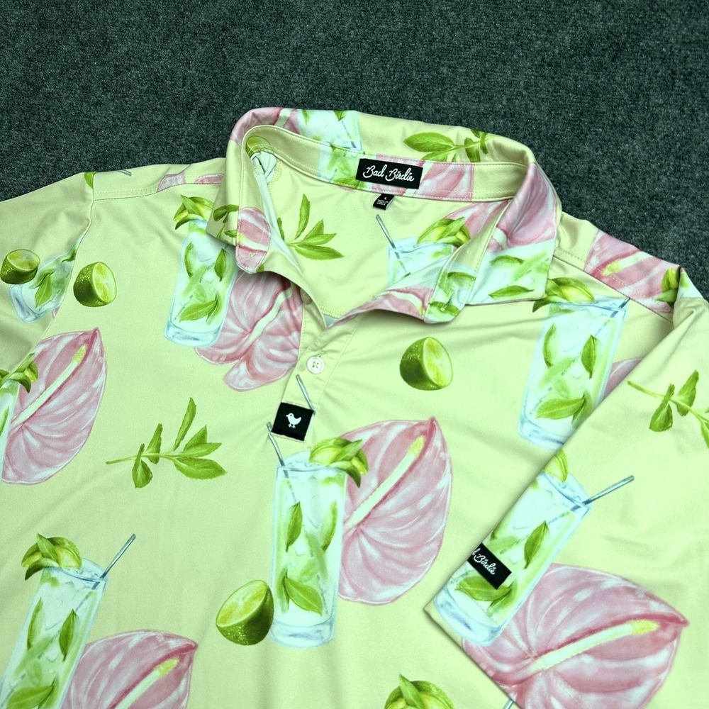 Bad Birdie Mens Tropical Floral Palms Print Polo Shirt Size L Golf Performance